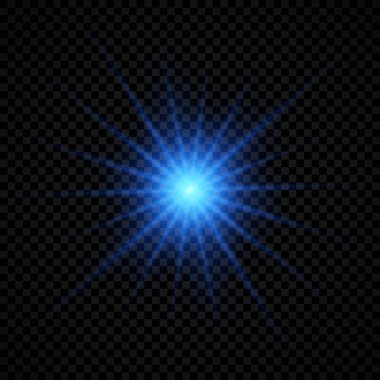 Lens fişeklerinin ışık etkisi. Şeffaf bir arka planda parıldayan mavi ışıklar yıldız patlaması efektleri. Vektör illüstrasyonu