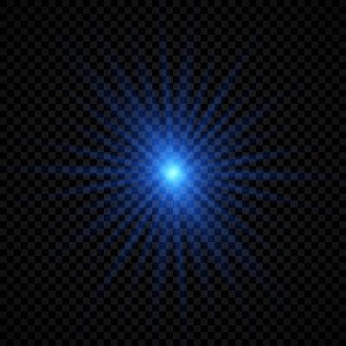 Lens fişeklerinin ışık etkisi. Şeffaf bir arka planda parıldayan mavi ışıklar yıldız patlaması efektleri. Vektör illüstrasyonu