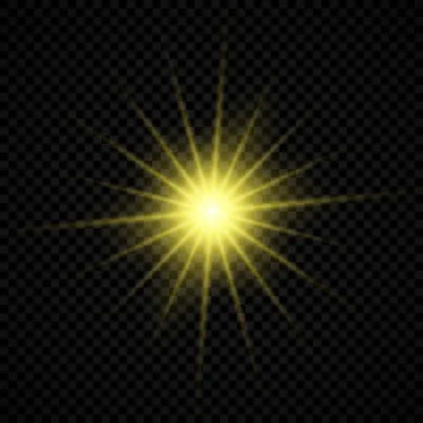 レンズフレアの光効果 輝く黄色のライトは 透明な背景に輝きとバースト効果を開始します ベクターイラスト — ストックベクタ