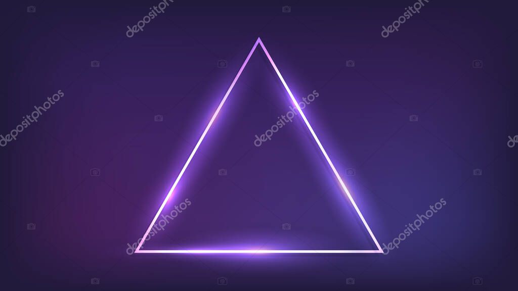 Neon triangle frame with shining effects on dark background. Empty glowing techno backdrop. Vector illustration.