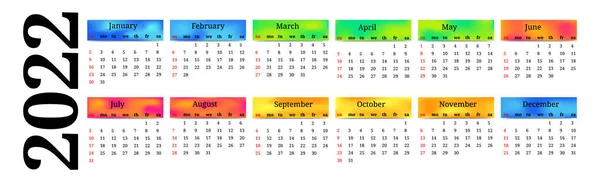 2022年の水平カレンダーは白い背景に隔離されています 日曜日から月曜日 ビジネステンプレート ベクターイラスト — ストックベクタ