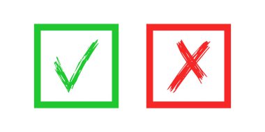 Beyaz arka planda el çizimi ve çapraz işaret elementleri izole edildi. Grunge yeşil işaretli tamam ve kare simgelerle kırmızı X. Vektör illüstrasyonu