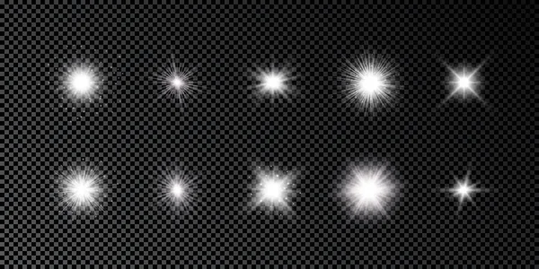Efecto Luminoso Las Bengalas Conjunto Diez Luces Blancas Brillantes Efectos — Vector de stock