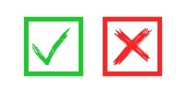 Beyaz arka planda el çizimi ve çapraz işaret elementleri izole edildi. Grunge yeşil işaretli tamam ve kare simgelerle kırmızı X. Vektör illüstrasyonu