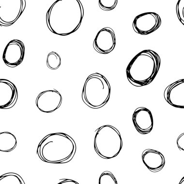 Kusursuz desenli, el çizimi, beyaz zemin üzerine çizilmiş karalama çemberleri. Soyut grunge dokusu. Vektör illüstrasyonu