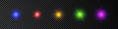 Lens fişeklerinin ışık etkisi. Koyu şeffaf arkaplanda parıldayan beş adet çok renkli ışık patlaması efekti. Vektör illüstrasyonu