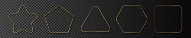 Beş altın parlayan farklı geometrik çerçeve seti koyu şeffaf arkaplanda izole edildi. Parlak efektli parlak bir çerçeve. Vektör illüstrasyonu.