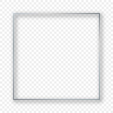 Şeffaf arkaplanda gölgesi olan gümüş parlayan kare çerçeve. Parlak efektli parlak bir çerçeve. Vektör illüstrasyonu.