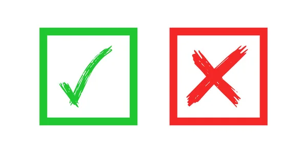 手绘检查和交叉符号元素隔离在白色背景上 在正方形图标中的Grunge Doodle Green Check Mark Ok和Red 矢量说明 — 图库矢量图片