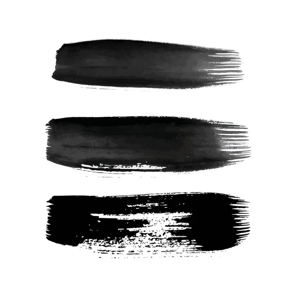 Pinceladas Grunge Negras Conjunto Tres Rayas Tinta Pintadas Mancha Tinta — Vector de stock