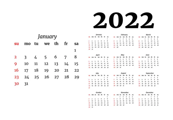 Kalender Voor 2022 Met Grote Januari Geïsoleerd Een Witte Achtergrond — Stockvector
