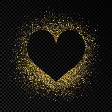 Koyu şeffaf arka planda altın parıltılı kalp şeklinde çerçeve. Boş koyu arkaplanı olan tebrik kartı. Vektör illüstrasyonu.