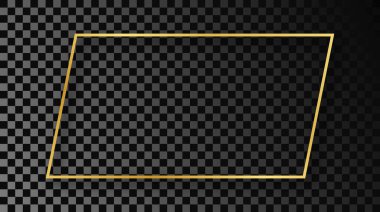 Koyu şeffaf arka planda gölgesi olan altın rengi dikdörtgen şekilli bir çerçeve. Parlak efektli parlak bir çerçeve. Vektör illüstrasyonu.