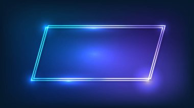 Neon dörtgen çerçeve, koyu arkaplanda parlak efektler. Boş parlayan tekno fon. Vektör illüstrasyonu.