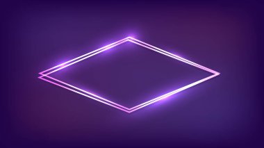 Neon çift eşkenar dörtgen çerçeve, koyu arkaplanda parlak efektler. Boş parlayan tekno fon. Vektör illüstrasyonu.