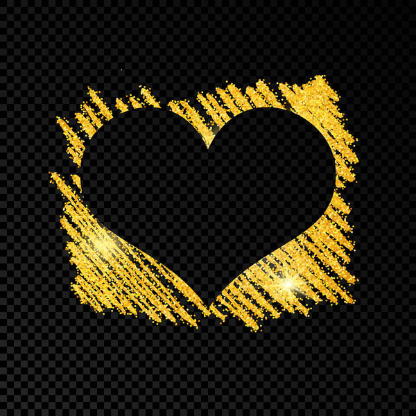 Сердце на золотой блестящей каракульной краске на темном прозрачном фоне. Фон с золотыми блестками и эффектом блеска. Пустое место для сообщения. Векторная иллюстрация