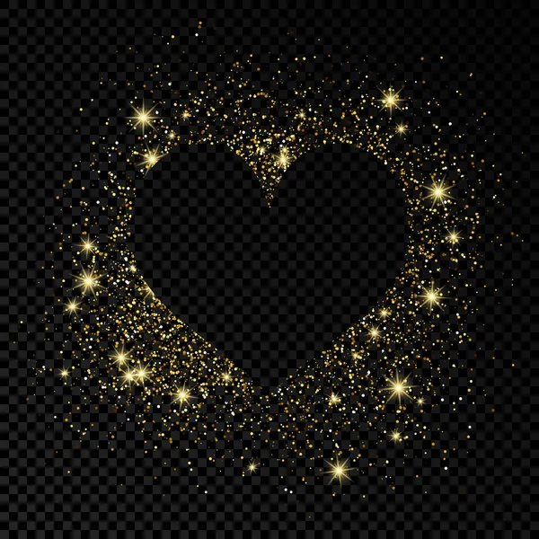 Cadre Forme Coeur Avec Paillettes Dorées Sur Fond Transparent Foncé — Image vectorielle