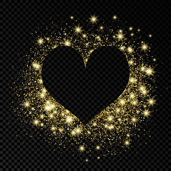 Hjärtformade Ram Med Gyllene Glitter Mörk Transparent Bakgrund Gratulationskort Med — Stock vektor