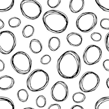 Kusursuz desenli, el çizimi, beyaz zemin üzerine çizilmiş karalama çemberleri. Soyut grunge dokusu. Vektör illüstrasyonu