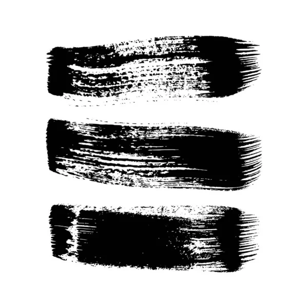 Schwarze Grunge Pinselstriche Set Aus Drei Bemalten Tintenstreifen Tintenfleck Isoliert — Stockvektor