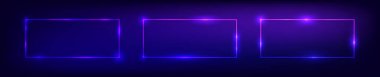 Koyu arkaplanda parlak efektlerle üç neon dikdörtgen çerçeve seti. Boş parlayan tekno fon. Vektör illüstrasyonu.
