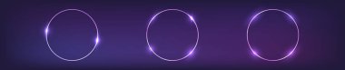 Üç tane neon yuvarlak çerçeve seti ve koyu arkaplanda parlak efektler. Boş parlayan tekno fon. Vektör illüstrasyonu.