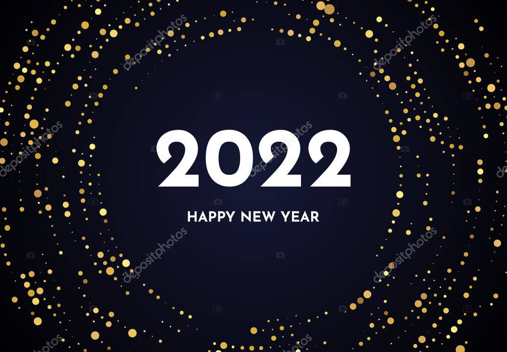 2022 Happy New Year of gold glitter pattern in circle form. Abstract gold glowing halftone dotted background for Christmas holiday greeting card on dark background. Vector illustration