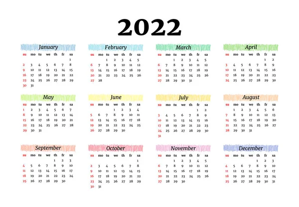 Calendário Para 2022 Isolado Fundo Branco Domingo Segunda Feira Modelo — Vetor de Stock