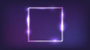Koyu arkaplanda parlak efektlerle neon çift kare çerçeve. Boş parlayan tekno fon. Vektör illüstrasyonu.