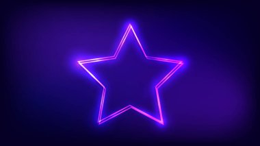 Karanlık arka planda parlak efektleri olan neon çift yıldız çerçevesi. Boş parlayan tekno fon. Vektör illüstrasyonu.