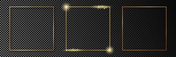 Набір Трьох Золотих Сяючих Квадратних Рамок Ізольованих Темному Прозорому Фоні — стоковий вектор
