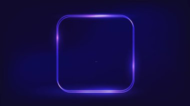 Neon çift yuvarlak kare çerçeve ve koyu arkaplanda parlak efektler. Boş parlayan tekno fon. Vektör illüstrasyonu.