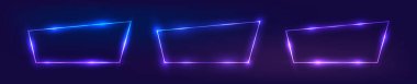 Koyu arkaplanda parlak efekt olan üç neon çerçeve seti. Boş parlayan tekno fon. Vektör illüstrasyonu.