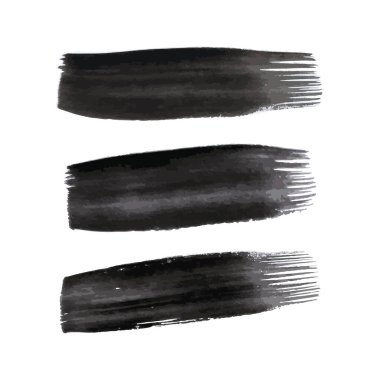 Siyah grunge fırça darbeleri. Üç adet boyalı mürekkep şeridi. Mürekkep lekesi beyaz arkaplanda izole edilmiş. Vektör illüstrasyonu