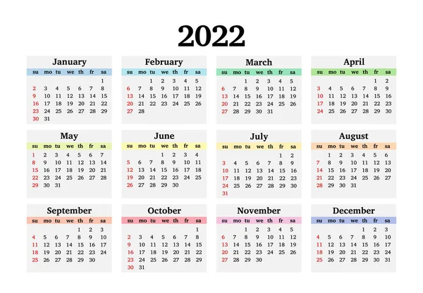 Календарь 2022 Год Изолирован Белом Фоне Воскресенья Понедельник Бизнес Искушает — стоковый вектор
