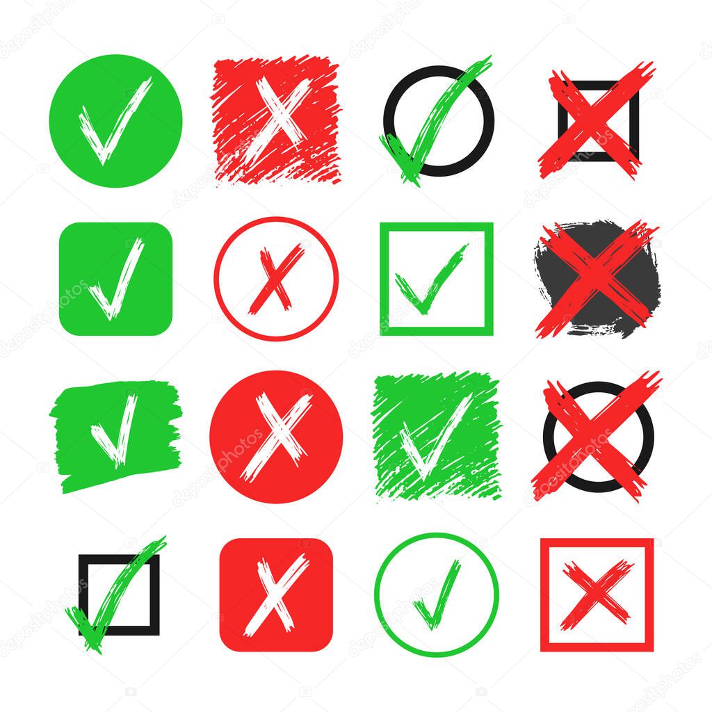 Set of sixteen hand drawn check and cross sign elements isolated on white background. Grunge doodle green checkmark OK and red X in different icons. Vector illustration