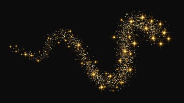 Altın parıldayan konfeti dalgası ve yıldız tozu. Koyu arkaplanda altın sihirli parıltılar. Vektör illüstrasyonu