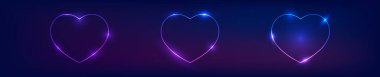 Üç neon çerçeve seti kalp şeklinde ve koyu arkaplanda parlak efektler var. Boş parlayan tekno fon. Vektör illüstrasyonu.