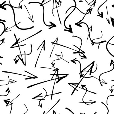 Kusursuz desenli, siyah elli, beyaz arka planda çizilmiş oklar. Soyut grunge dokusu. Vektör illüstrasyonu