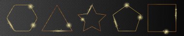Beş altın parlayan farklı geometrik çerçeve seti koyu şeffaf arkaplanda izole edildi. Parlak efektli parlak bir çerçeve. Vektör illüstrasyonu.