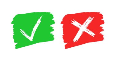 Beyaz arka planda el çizimi ve çapraz işaret elementleri izole edildi. Grunge yeşil işaret işareti tamam ve kırmızı X de leke simgelerine. Vektör illüstrasyonu