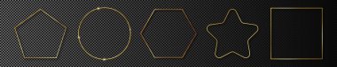 Beş altın parlayan farklı geometrik çerçeve seti koyu şeffaf arkaplanda izole edildi. Parlak efektli parlak bir çerçeve. Vektör illüstrasyonu.