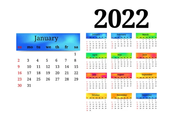 Calendar 2022 Large January Isolated White Background Sunday Monday Business — Stock Vector