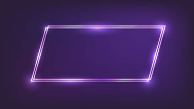 Neon dörtgen çerçeve, koyu arkaplanda parlak efektler. Boş parlayan tekno fon. Vektör illüstrasyonu.