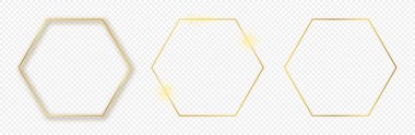 Şeffaf arkaplanda izole edilmiş üç adet altın parıldayan altıgen çerçeve. Parlak efektli parlak bir çerçeve. Vektör illüstrasyonu.