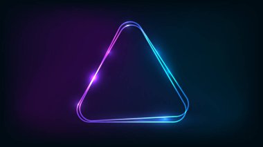 Neon ikili yuvarlak üçgen çerçeve, üzerinde parlak efektler var. Boş parlayan tekno fon. Vektör illüstrasyonu.