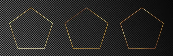Set Van Drie Goudgloeiende Vijfhoekige Frames Geïsoleerd Donkere Transparante Achtergrond — Stockvector