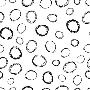 Kusursuz desenli, el çizimi, beyaz zemin üzerine çizilmiş karalama çemberleri. Soyut grunge dokusu. Vektör illüstrasyonu