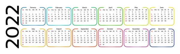 Calendário Horizontal Para 2022 Isolado Sobre Fundo Branco Domingo Segunda — Vetor de Stock