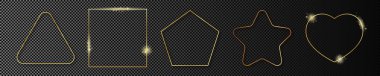 Beş altın parlayan farklı geometrik çerçeve seti koyu şeffaf arkaplanda izole edildi. Parlak efektli parlak bir çerçeve. Vektör illüstrasyonu